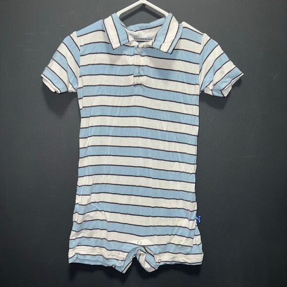KicKee Pants Boys Bamboo Striped Romper 6-12m Blue White - Picture 1 of 8